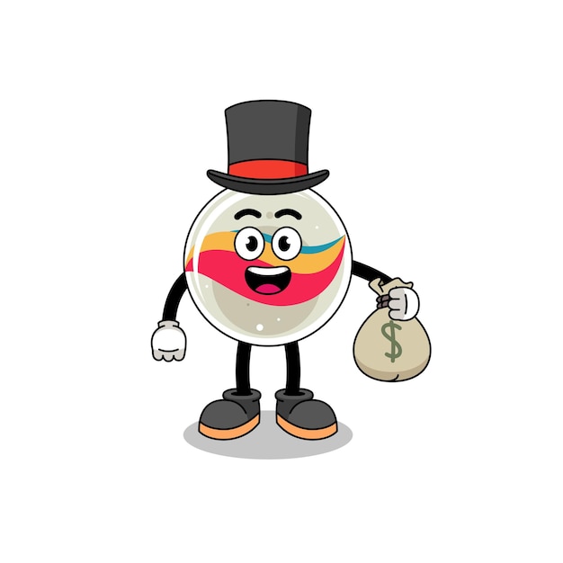Marmeren speelgoed mascotte illustratie rijke man met een zak geld