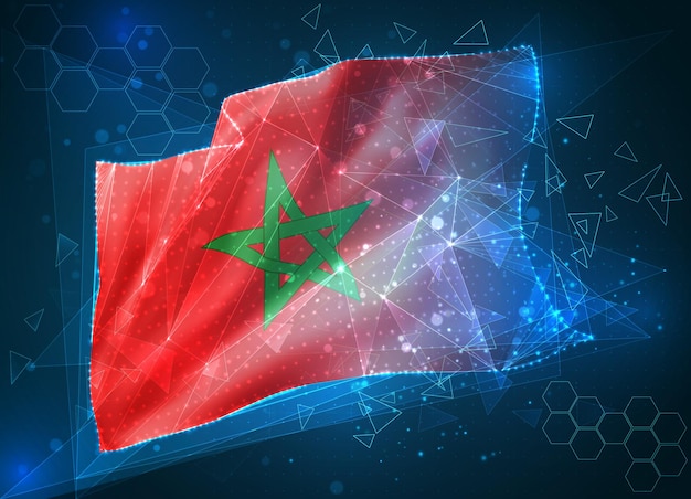 Marokko, vectorvlag, virtueel abstract 3d-object van driehoekige veelhoeken op een blauwe achtergrond