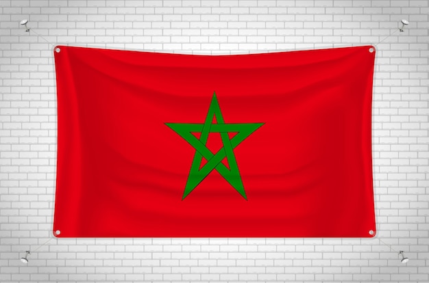 Marokko vlag opknoping op bakstenen muur. 3D-tekening. Vlag aan de muur bevestigd. Netjes tekenen in groepen