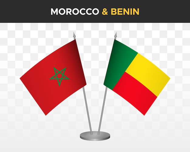 Marokko vs Benin Bureau vlaggen mockup geïsoleerde 3d vector illustratie Marokkaanse tafel vlaggen