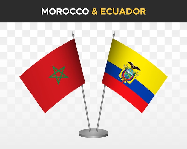 Marokko vs ecuador bureau vlaggen mockup geïsoleerde 3d vector illustratie Marokkaanse tafel vlaggen