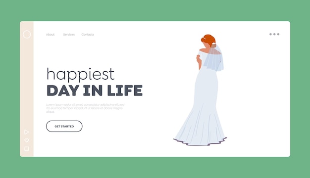 Marriage Day Landing Page Template Mooie stijlvolle bruid in elegante jurk Achteraanzicht huwelijksceremonie