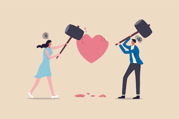 Vector marriage difficulties problem, divorce or violence or painful in broken relationship couple concept, angry couple husband and wife using big hammer to hit broken heart shape metaphor of family problem