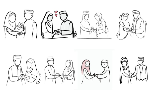 Marriage Islamic Couple Hand drawing Free Vector