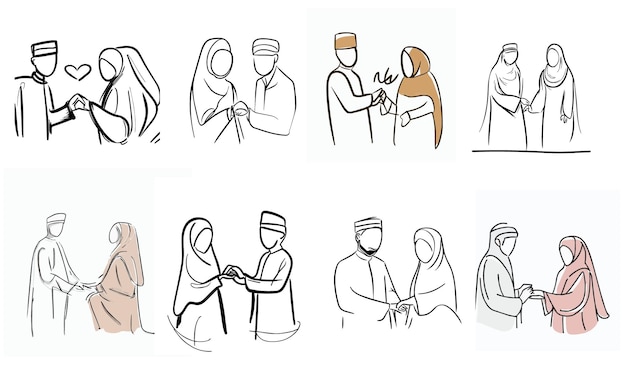 Marriage Islamic Couple Hand drawing Free Vector