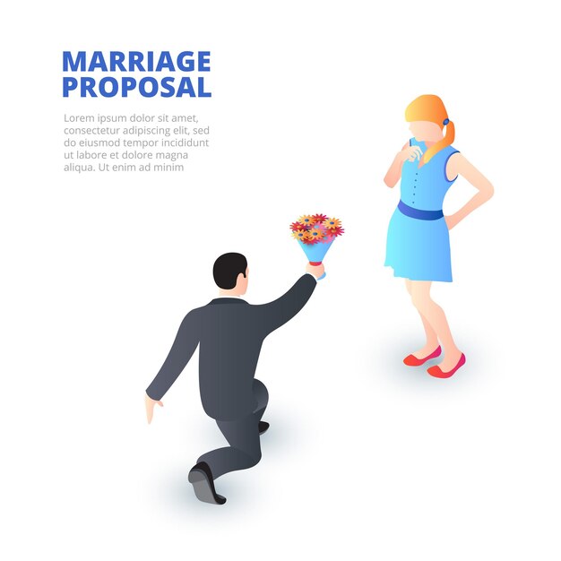 Marriage proposal concept with kneeling man and a happy girl Isometric vector illustration