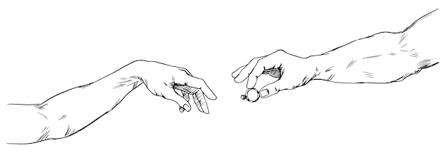 Vettore proposta di matrimonio la mano di un uomo porge un anello per la mano di una donna mani protese verso ciascuno