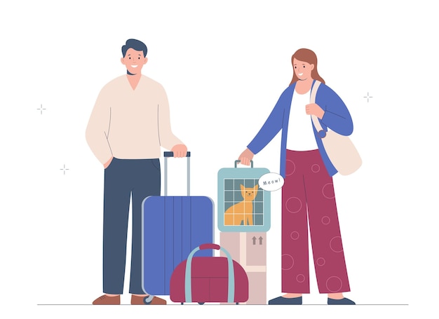 Married couple goes on trip or moves Young woman is holding carrier with cat next to her is man with suitcase Traveling with pets