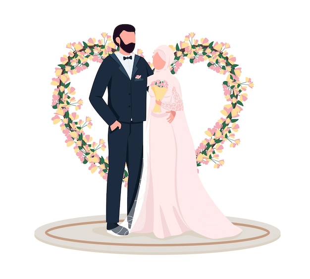 Married couple at heart flower gate semi flat color vector characters. Standing figures. Full body people on white. Wedding isolated modern cartoon style illustration for graphic design and animation