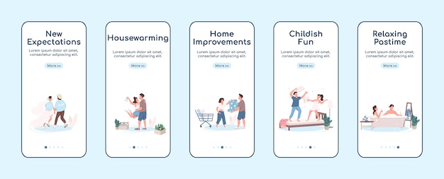 Modello piatto dello schermo dell'app mobile di onboarding di stile di vita della coppia sposata passatempo degli sposi. procedura dettagliata del sito web con i personaggi. ux, interfaccia utente, interfaccia grafica per smartphone, set di stampe per custodie