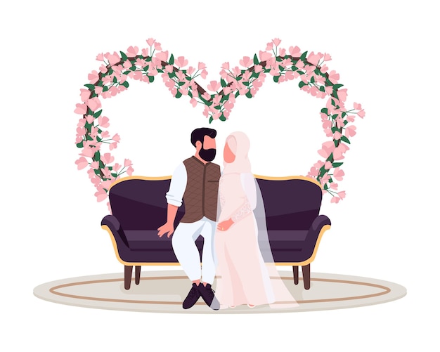 Married couple pose at romantic place semi flat color vector characters. sitting figures. full body people on white. wedding isolated modern cartoon style illustration for graphic design and animation