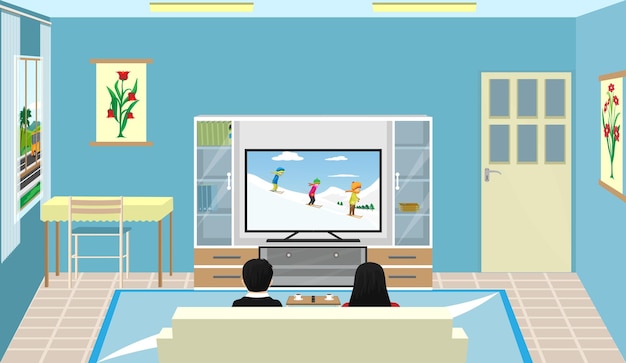 Vector married couple sitting on the sofa watching television