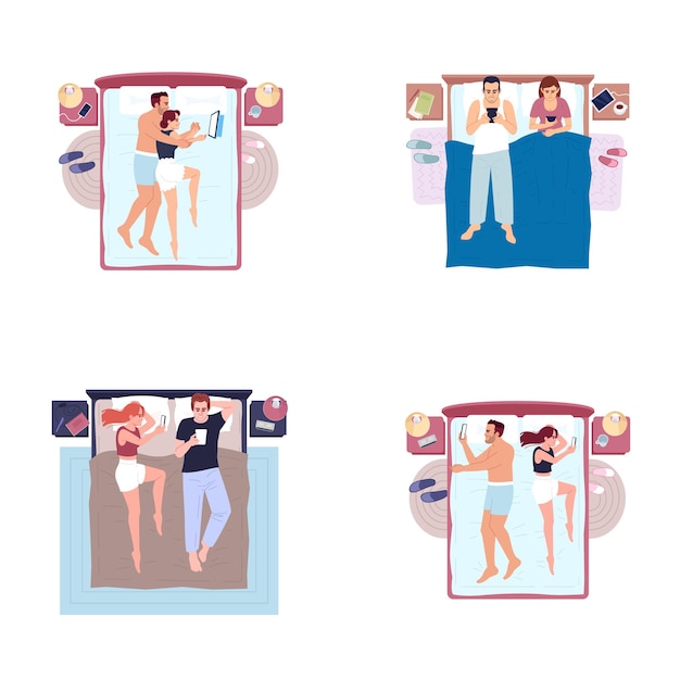 携帯電話フラットベクトルイラストセットとベッドで横になっている夫婦 スマートフォンの乱用癖 孤立した漫画のキャラクターキットを寝る前にガジェットを使用して 寝室でリラックスした若い家族 プレミアムベクター