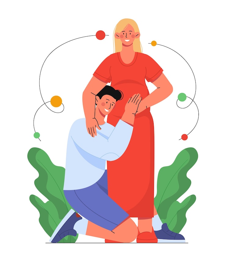 Vector married happy couple concept man and woman with belly pregnancy and parenthood romance support and love poster or banner for website young family cartoon flat vector illustration