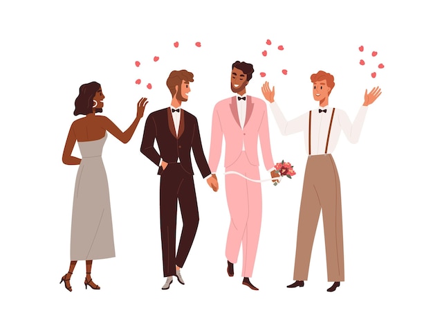 Married homosexual love couple of gay men with witnesses at LGBT wedding ceremony. Marriage of biracial grooms. Interracial same-sex newlyweds. Flat vector illustration isolated on white background.