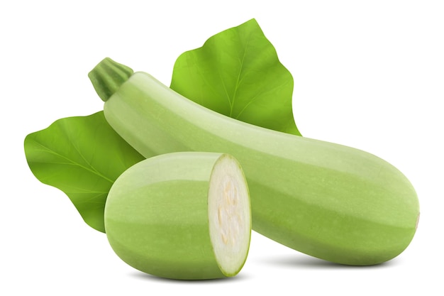 Marrow or zucchini with slices isolated on white background Whole and chopped vegetable Realistic 3d vector illustration Clipping path and full depth of field