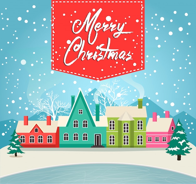 Marry christmas greeting card with village