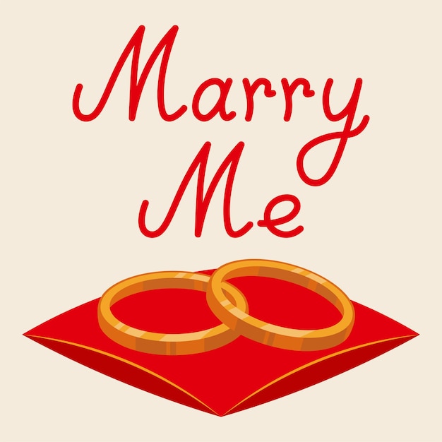 Marry me lettering with wedding rings on the pillow vector illustration in flat style