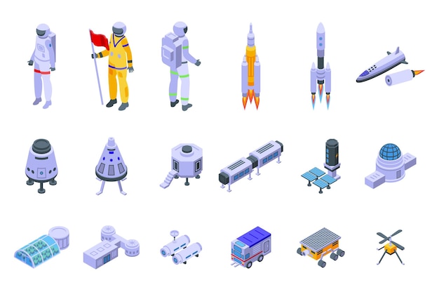 mars colonization icons set isometric vector astronaut space