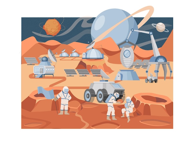 Mars colonization mission vector flat illustration group of astronauts and