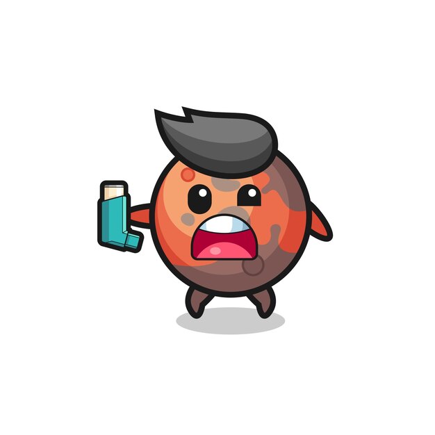 Vector mars mascot having asthma while holding the inhaler , cute design