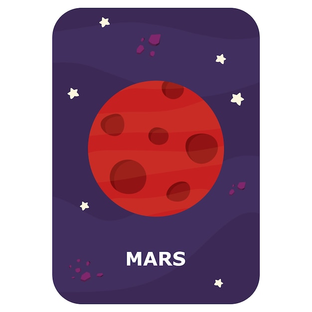 Marte spazio vettoriale flash card gioco in lingua inglese con simpatico astronauta razzo pianeta cometa aliena per bambini astronomia flashcard con personaggi divertenti semplice foglio di lavoro educativo stampabile