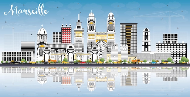 Marseille france city skyline with gray buildings, blue sky and reflections. vector illustration. business travel and tourism concept with historic architecture. marseille cityscape with landmarks.