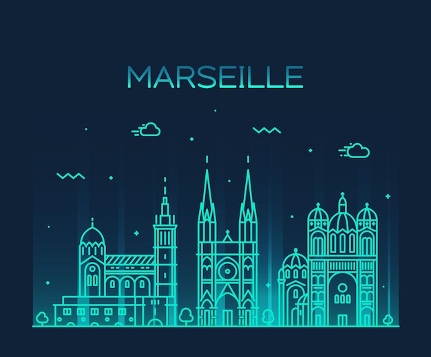 マルセイユのスカイライン、詳細なシルエット。トレンディなベクトル イラスト、直線的なスタイル