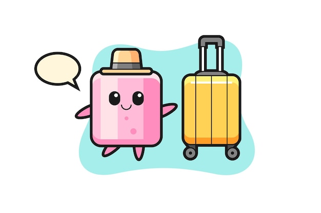 Marshmallow cartoon illustration with luggage on vacation