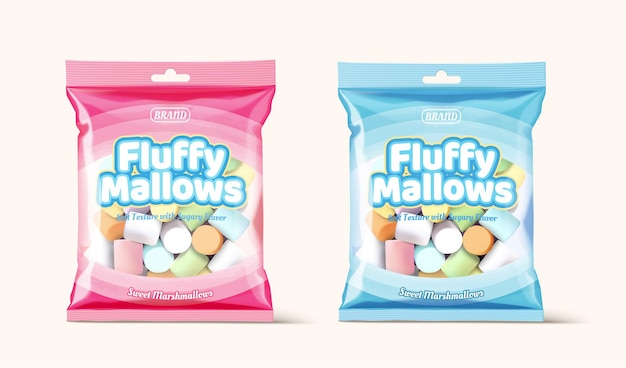 Vector marshmallow packets isolated on white background in 3d illustration