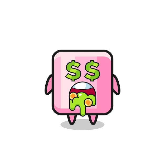 Marshmallow-personage met een uitdrukking van gek op geld