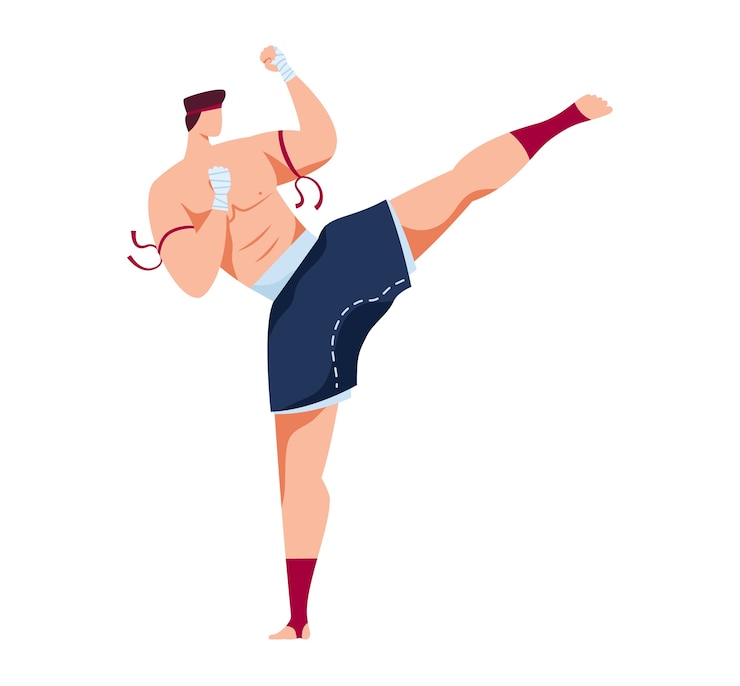 Vector martial art, karate training, attacking pose, traditional judo fighter, design cartoon illustration, isolated on white. oriental aggressive sport, practice single combat, man practicing kicking