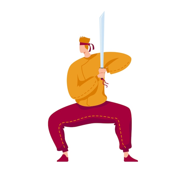 Arte marziale, combattente professionista samurai, combattimento katana, arma tradizionale, illustrazione in stile cartone animato, isolato su bianco. uomo con la spada affilata che impara a combattere con le lame, uno stile di vita attivo