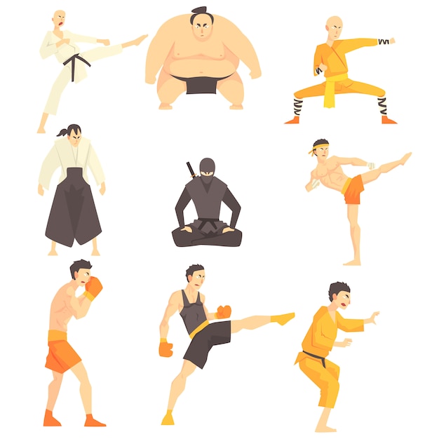 Vector martial arts fighters performing different technique kicks set of asian fighting sports professional in traditional  outfits sportive clothing