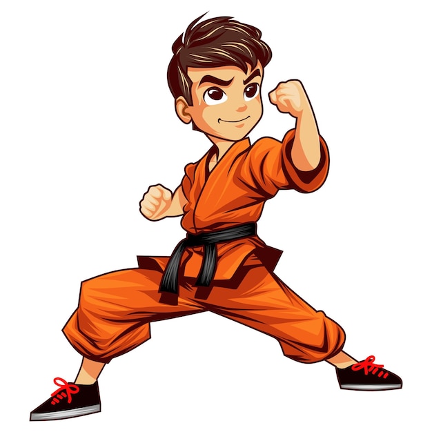 Vector martial arts karate junior boy logo mascotte ontwerp oranje uniform