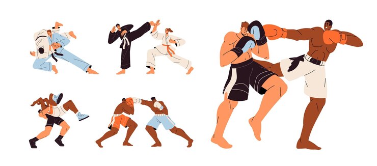 Vector martial arts set fighters wrestling hit kick at battle sportsmen do boxing kickboxing karate judo wrestlers boxers are at fight competition flat isolated vector illustrations on white
