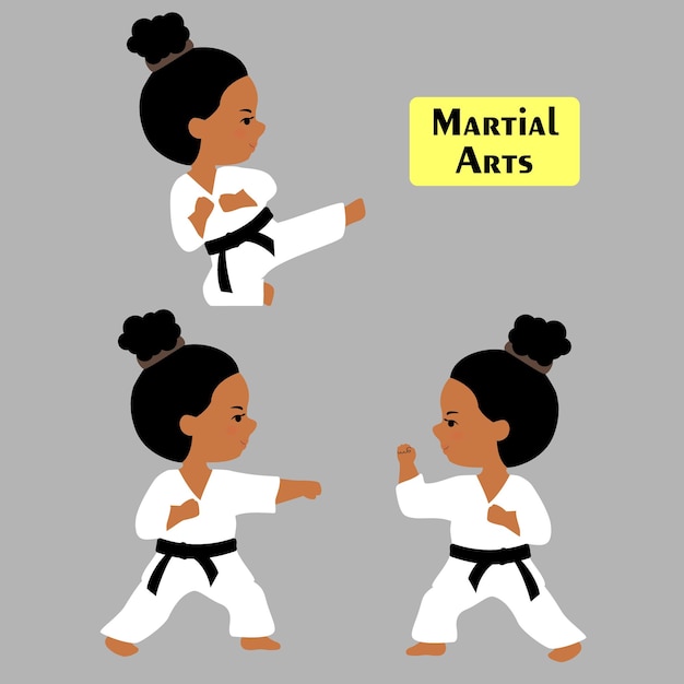 Martial arts set of karate poses in cartoon style girl in white kimono practices kicks