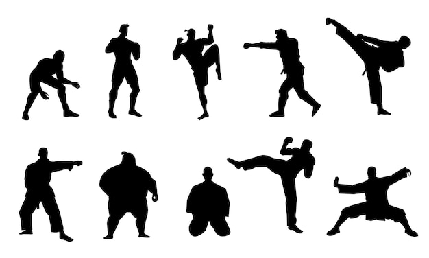 格闘家のシルエット 黒人選手のキャラクターが相手を殴り、スパーリングの伝統的な格闘技のコンセプトベクター画像コレクション