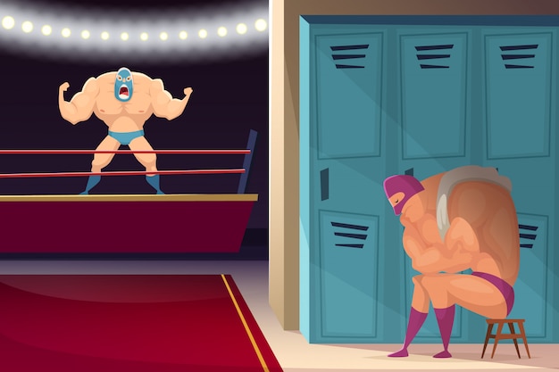 Vettore anello di combattimento marziale. combattenti di wrestler lucha libre sport mascherato cartoon