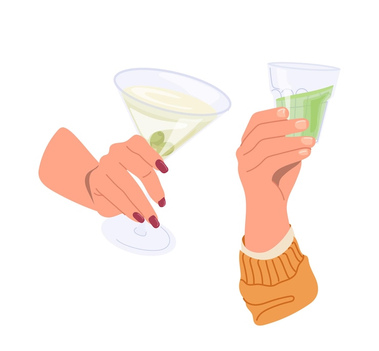 Martini cocktail in female hands and tequila glass in male arm clinking and celebrating something