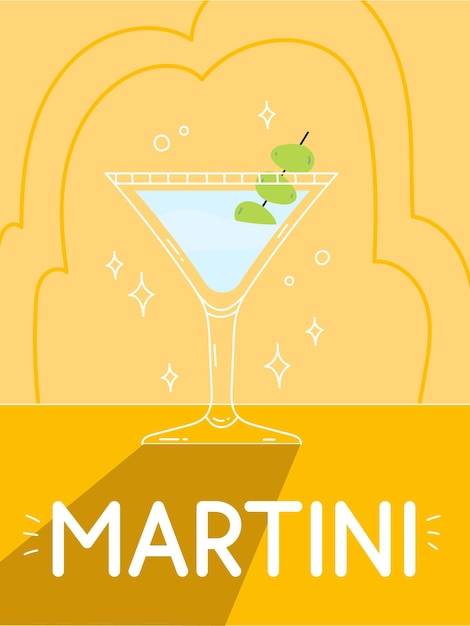 Martini cocktail in glass with ice. Classic summer alcohol drink illustration square card.