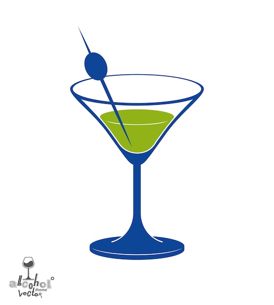 Martini glass with olive berry, alcohol and entertainment theme illustration. Party lifestyle graphic goblet isolated.