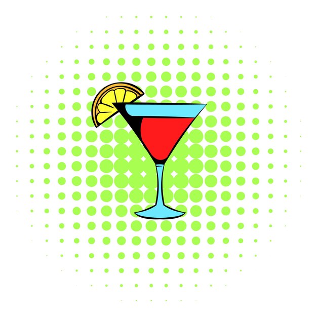 Vector martini glass with red cocktail icon in comics style on a white background