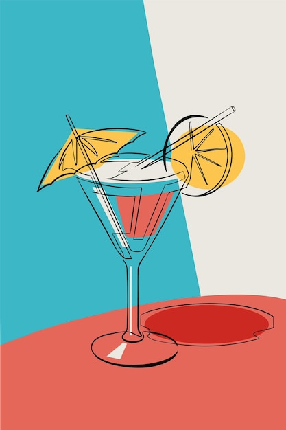 Martini Glass with a Red Drink and a White Foam on a Blue Background continuous line