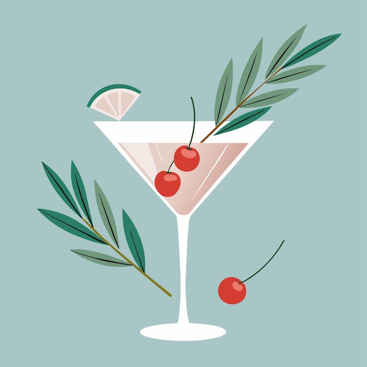 Vector martini with cherries and a sprig of rosemary vector illustration
