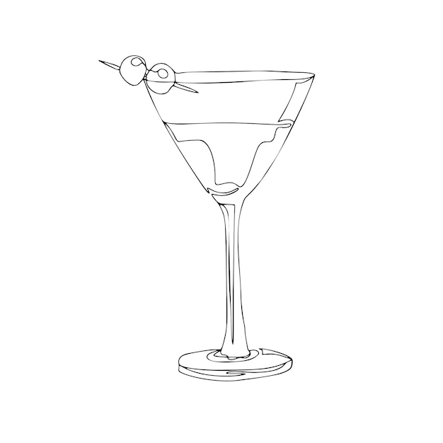 Martiniglas met olijvencocktail één lijntekening ononderbroken moderne illustratie