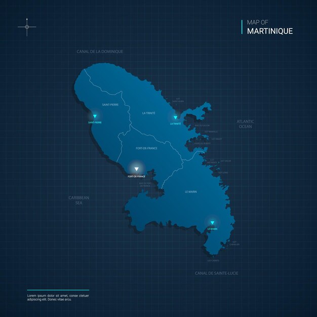 Martinique map with blue neon light points