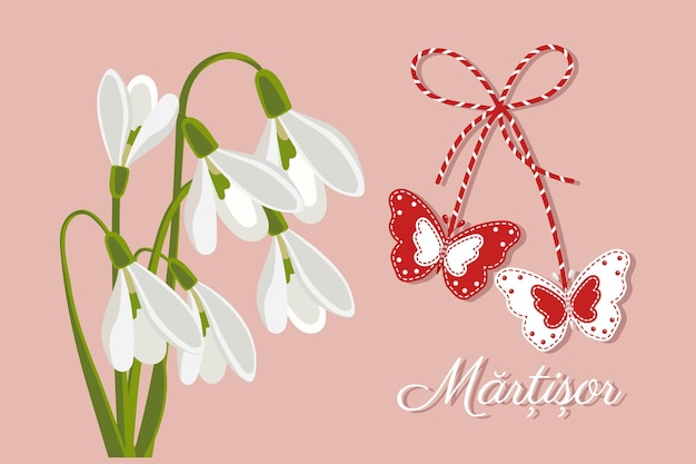 Martisor Moldovan and Romanian traditional spring holiday Bouquet of white snowdrops