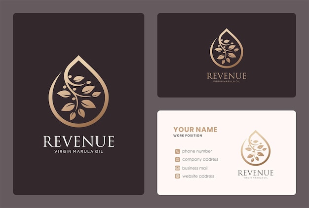 Vector marula oil drop logo and business card design.