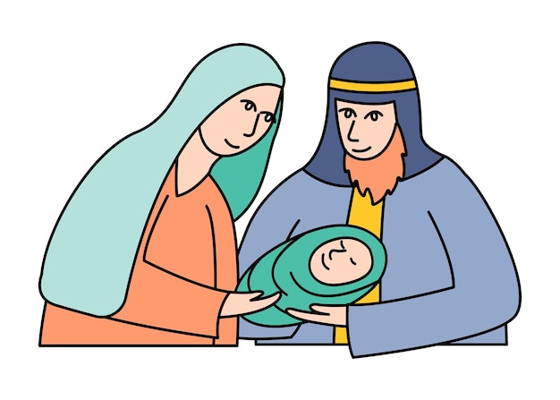 벡터 마리아와 요셉 또는 엄마와 아빠가 아들을 포옹합니다. 이름은 예수 그리스도입니다. 만화 버전의 터 일러스트레이션입니다.
